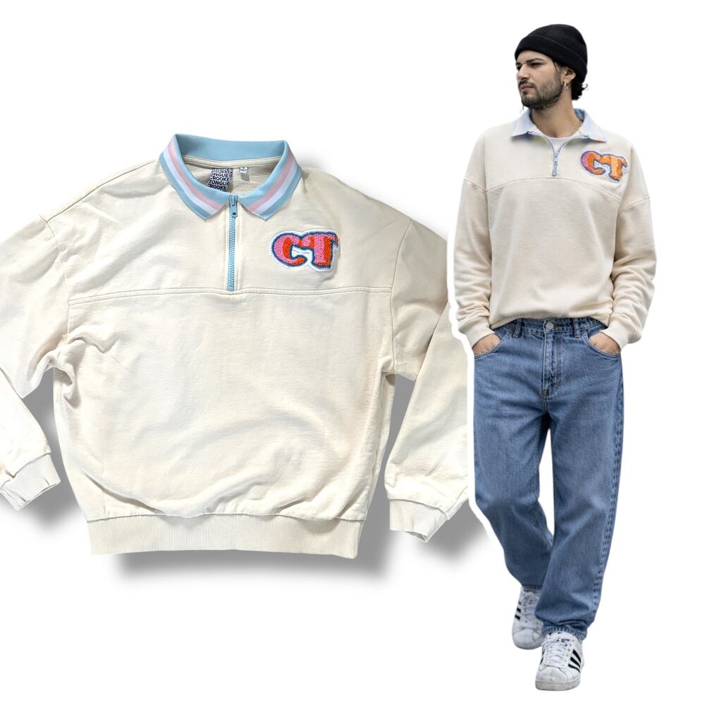 Crooked Tongues 1/4 Zip Collared Sweatshirt Mens Small Cream Pastel Streetwear